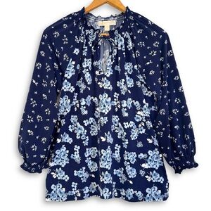 Michael Kors Ruffle Peasant Blouse Tie Neck Floral Blue